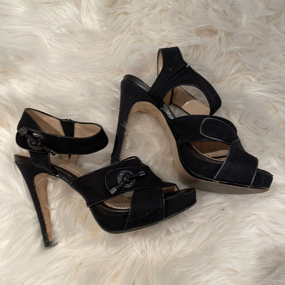 Black linen and leather heels